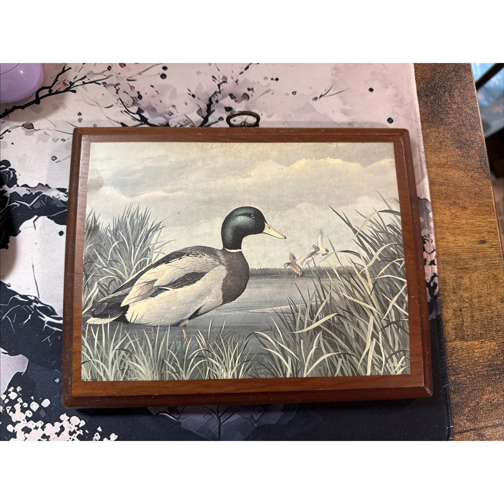 Vintage AJ Rudisill Mallard Drake Duck Print on Wood Plaque, MCM Hanging Art